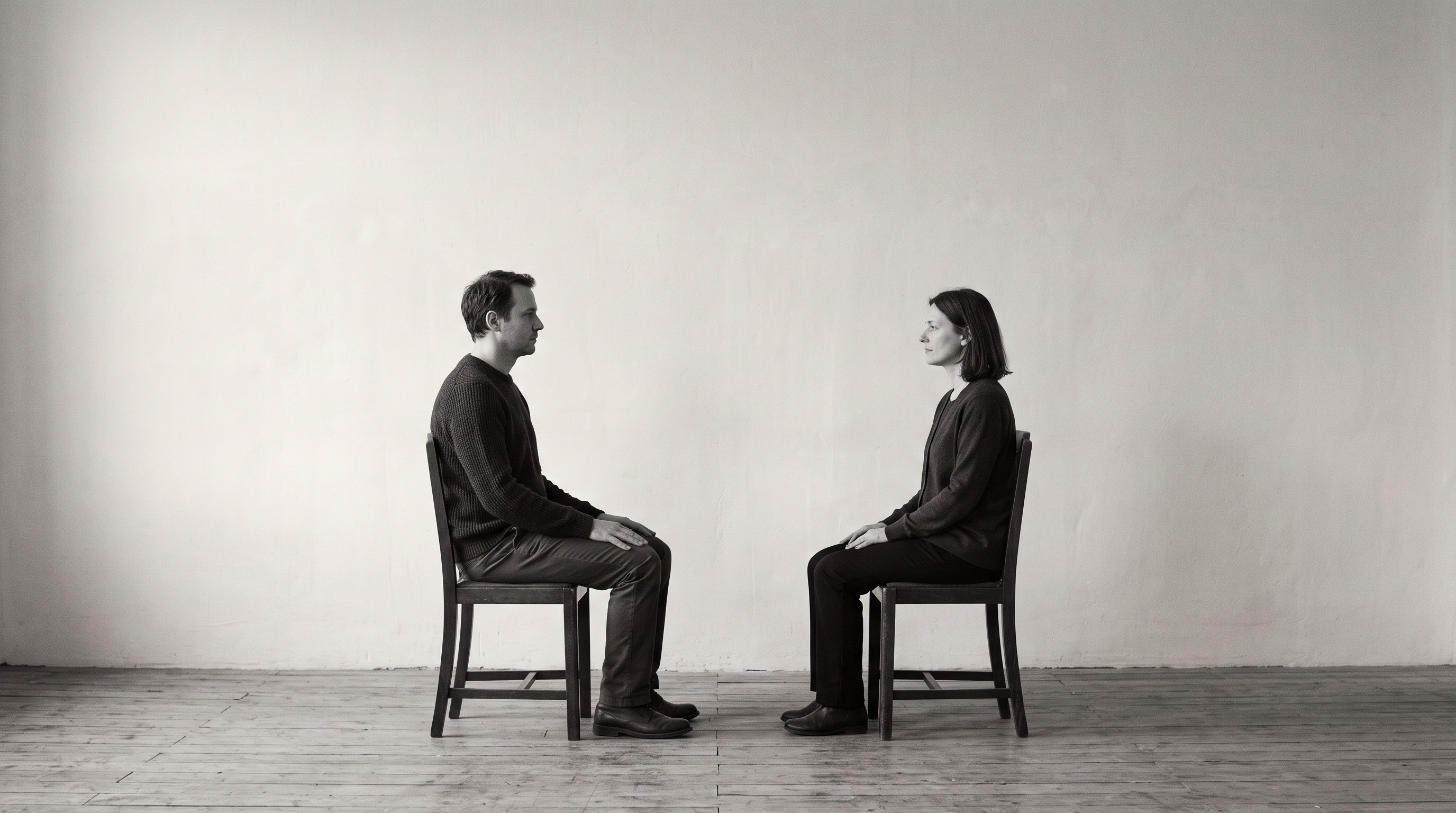 Two people sitting on chairs, facing each other