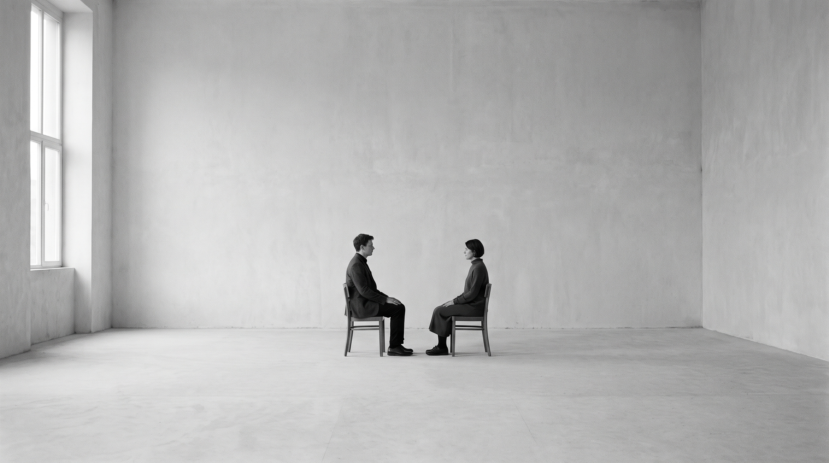 Two people sitting across from each other in an empty room